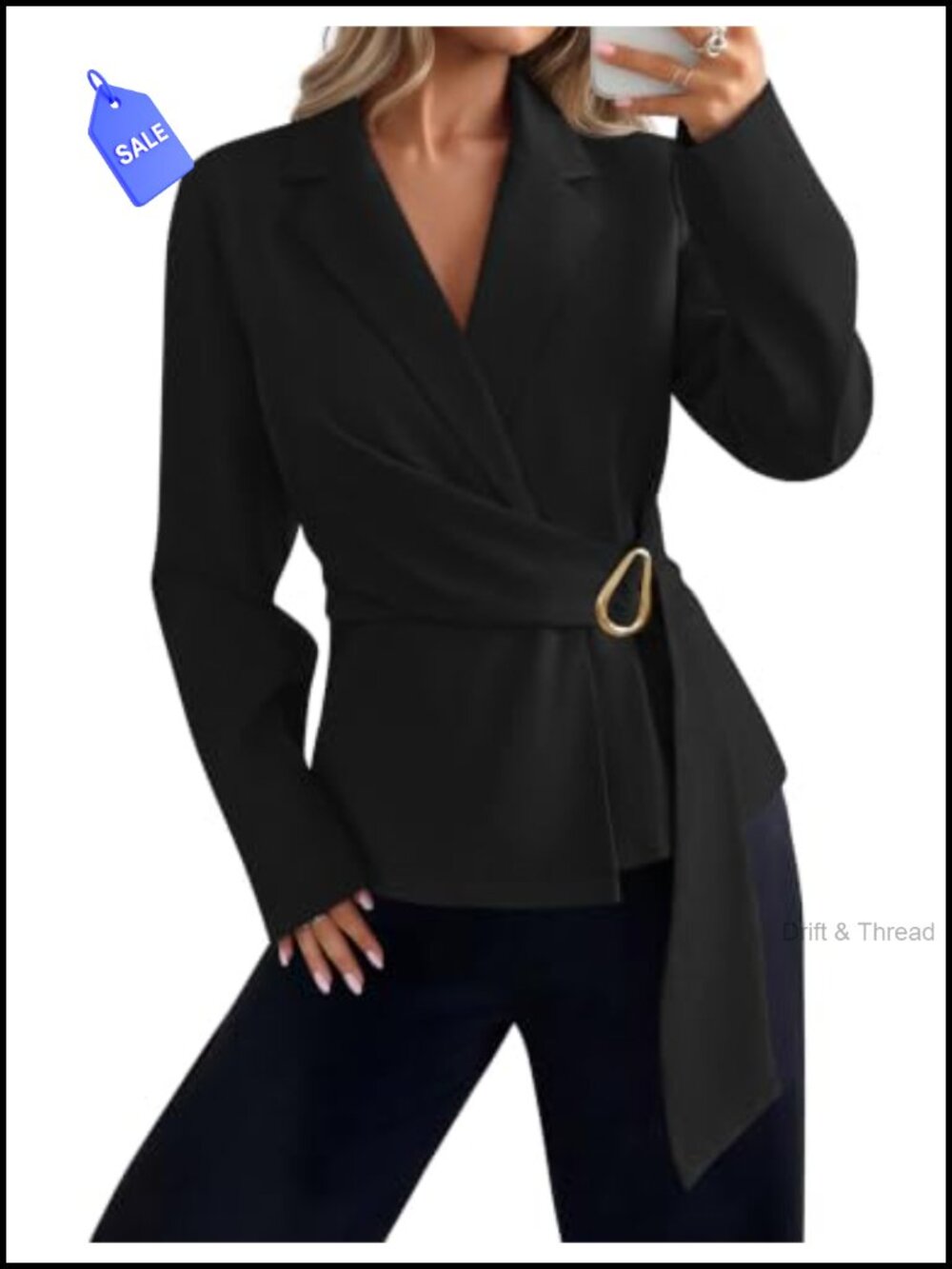 Wrap V Neck Business Casual Blazer with Belt Polyester Elastane